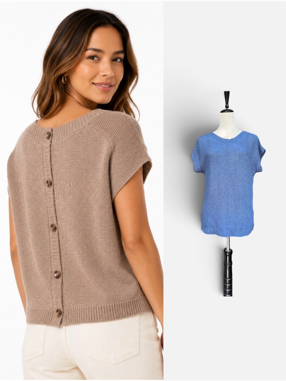 Cable & Gauge Button-Back Knit Cap Sleeve Sweater in Blue Sz Medium